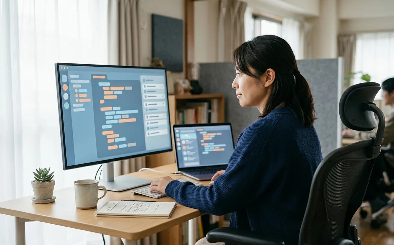 自然光の入るオフィスで、モニターとノートPCに表示したコードを確認する開発者の写真