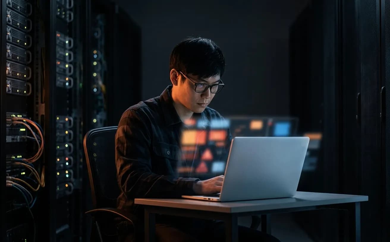 サーバールームでノートPCを操作するエンジニアの写真