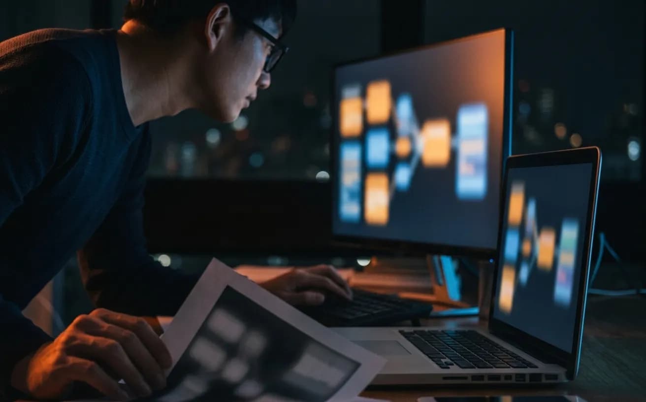 暗いオフィスでノートPCの画面を見ながら受信メールの振り分け画面を確認する担当者の写真
